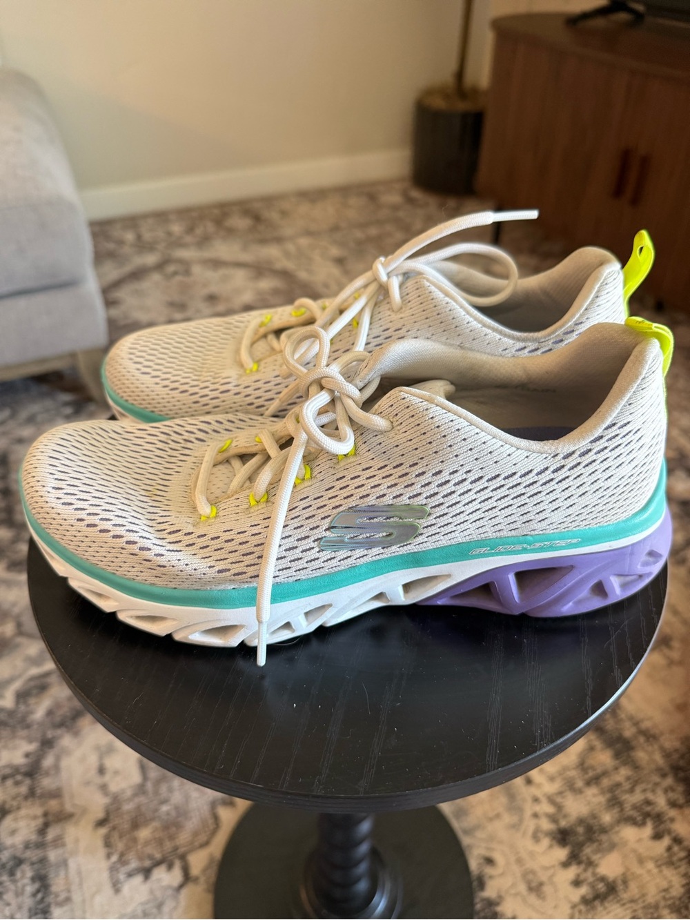 Skechers Glide Step White Mesh Sneakers with Teal Trim and Lavender Sole